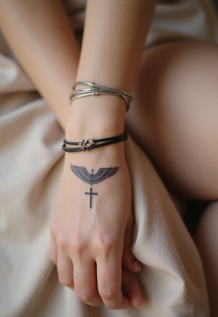 30 Cross Tattoos on Wrist with Meaningful and Elegant Designs 16 30 Cross Tattoos on Wrist with Meaningful and Elegant Designs - 16. Cross with Wings Tattoo