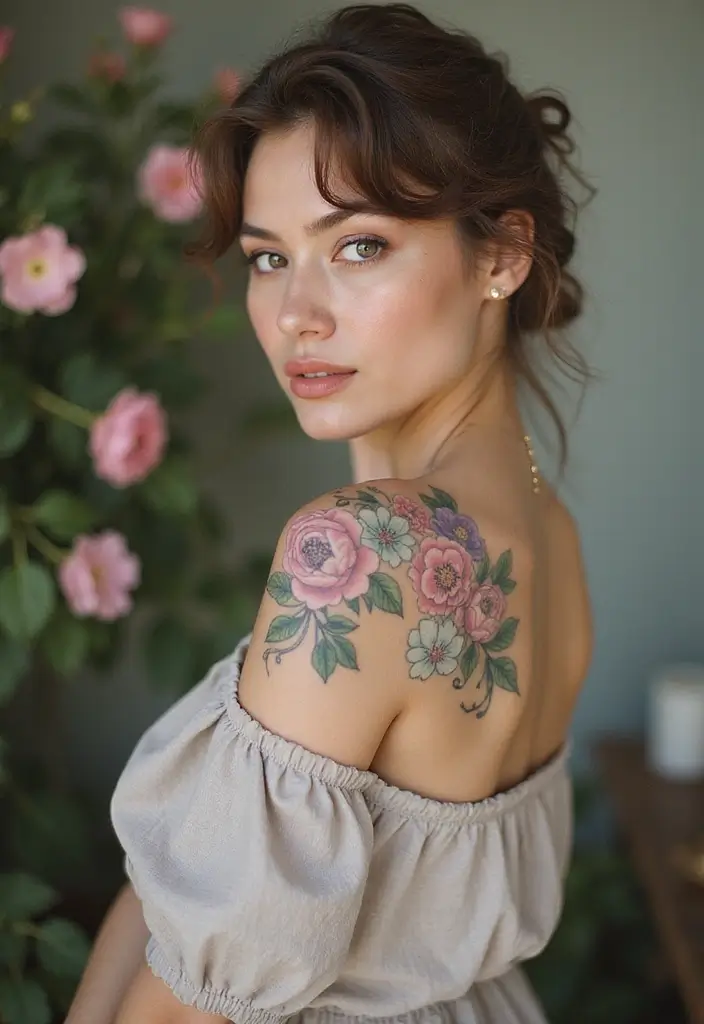 50 Front Shoulder Tattoos for Females That Are Stylish and Bold 16 50 Front Shoulder Tattoos for Females That Are Stylish and Bold - 16. Vintage Floral