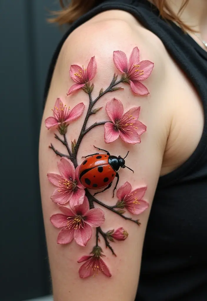 30 Ladybug Tattoo Ideas with Cute and Symbolic Designs 16 30 Ladybug Tattoo Ideas with Cute and Symbolic Designs - 16. Ladybug and Cherry Blossom