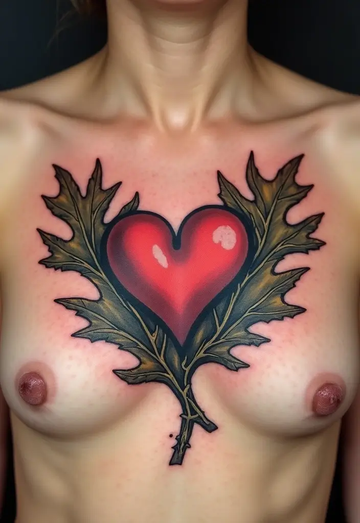 30 Oak Leaf Tattoo Designs with Nature-Inspired Symbolism - 16. Oak Leaf and Heart Tattoo
