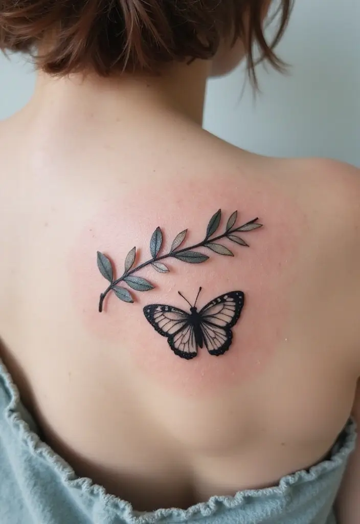 30 Olive Branch Tattoo Meaning and Design Inspirations - 16. Olive Branch with Butterfly