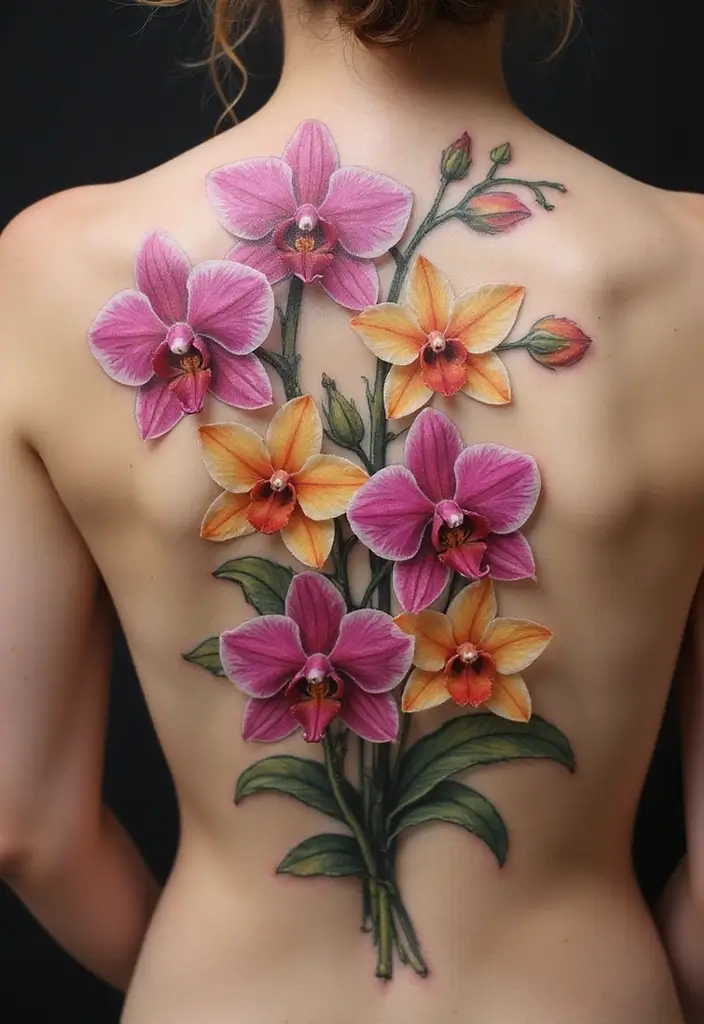 30 Orchid Tattoos That Represent Elegance and Beauty - 16. Orchid Bouquet Tattoo