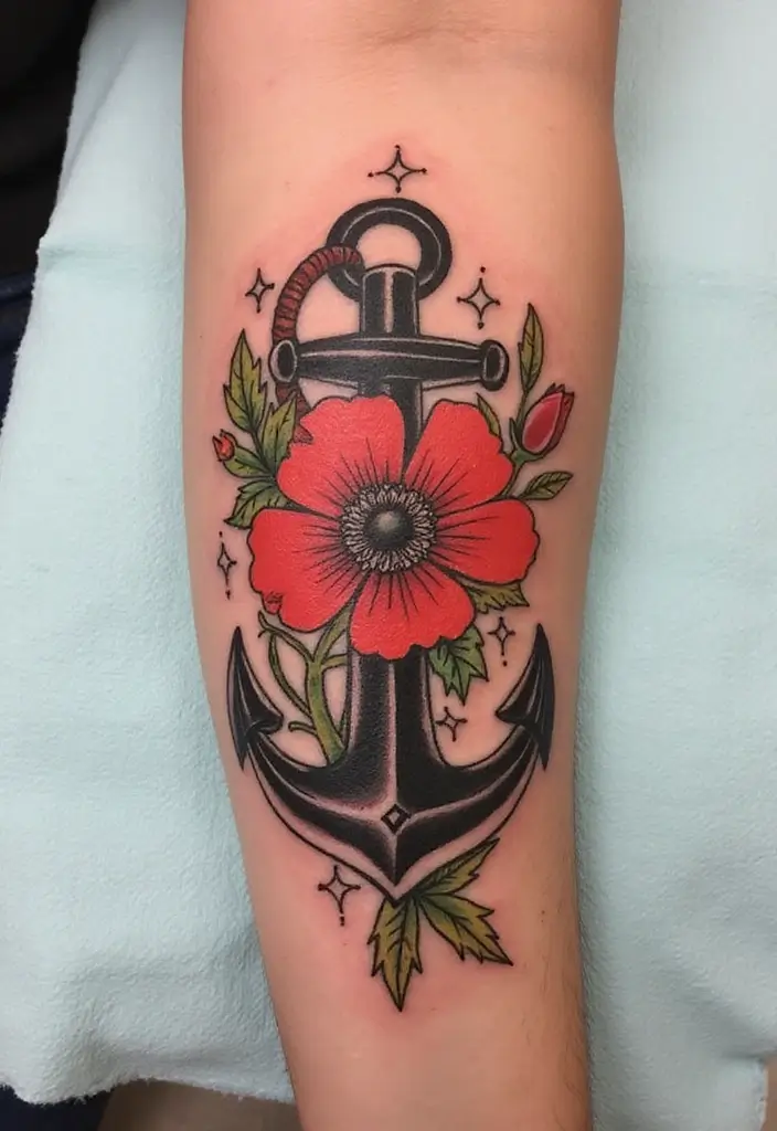 30 Poppy Tattoo Ideas with Symbolic Meanings 16 30 Poppy Tattoo Ideas with Symbolic Meanings - 16. Poppy and Anchor