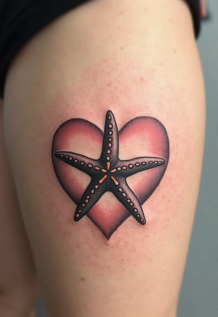 30 Simple Starfish Tattoo Ideas with Minimalist Symbolism 16 30 Simple Starfish Tattoo Ideas with Minimalist Symbolism - 16. Starfish in a Heart