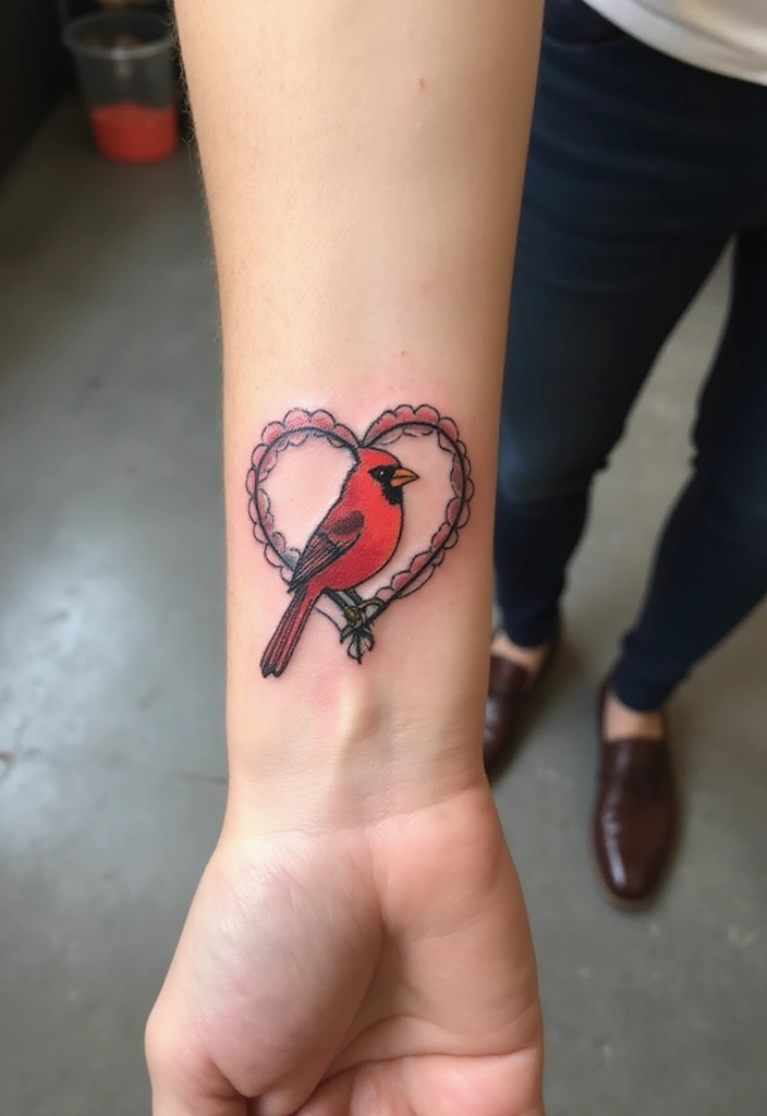 30 Small Cardinal Tattoos for Unique Inspiration 16 30 Small Cardinal Tattoos for Unique Inspiration - 16. Cardinal in a Heart