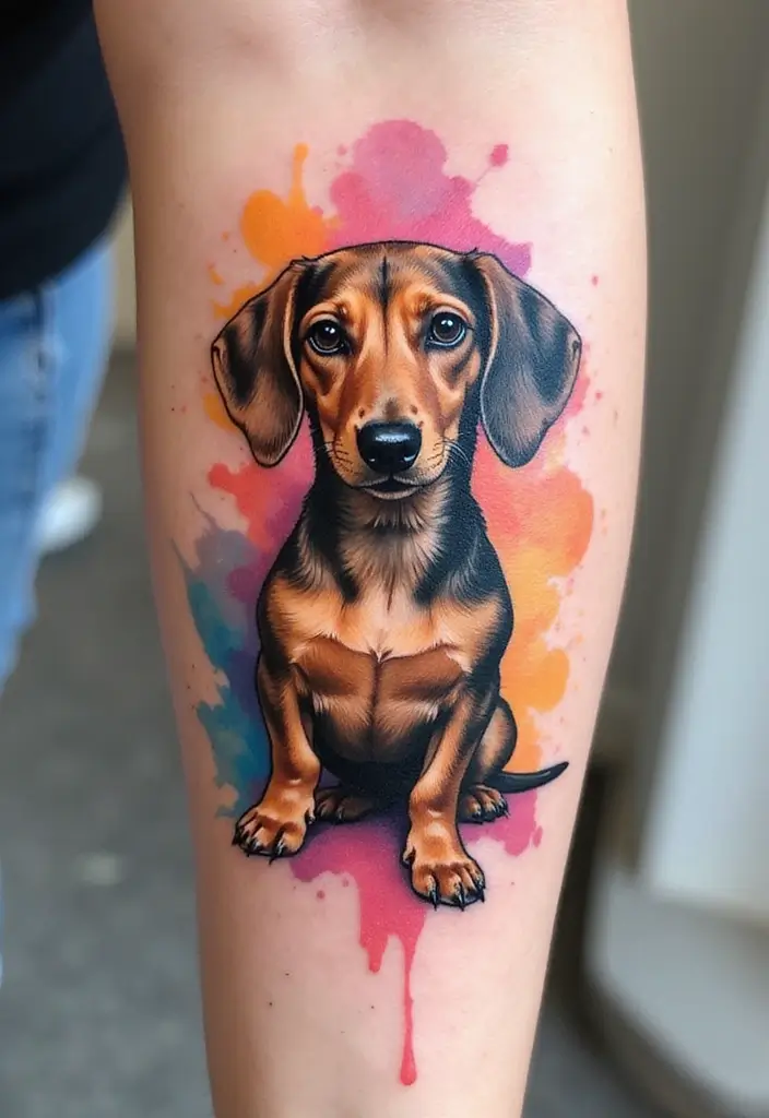 50 Small Wiener Dog Tattoos with Cute and Minimalist Designs - 16. Tiny Watercolor Splash