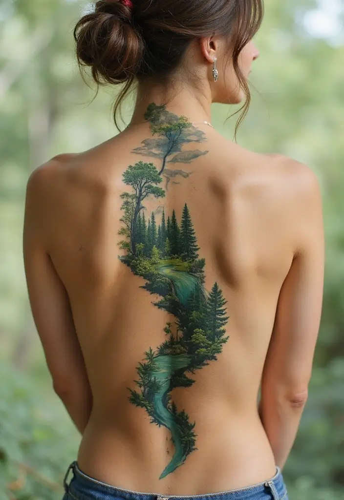 99 Stunning Spine Tattoos for Women to Inspire Your Next Ink - 16. Nature Scenes