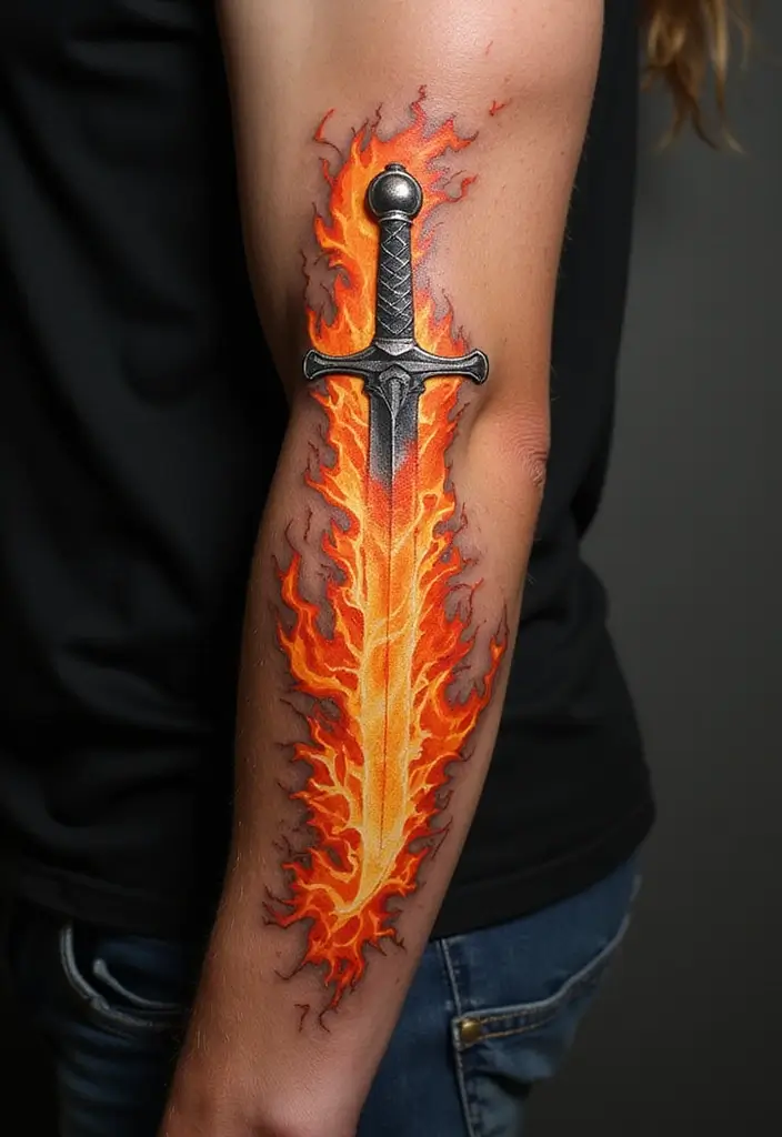 50 Sword Tattoo Designs and Symbolism to Inspire Your Next Ink 16 50 Sword Tattoo Designs and Symbolism to Inspire Your Next Ink - 16. Sword with Fire