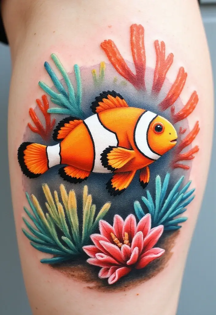 30 Water Tattoo Designs with Flowing Creativity 16 30 Water Tattoo Designs with Flowing Creativity - 16. Artistic Clownfish