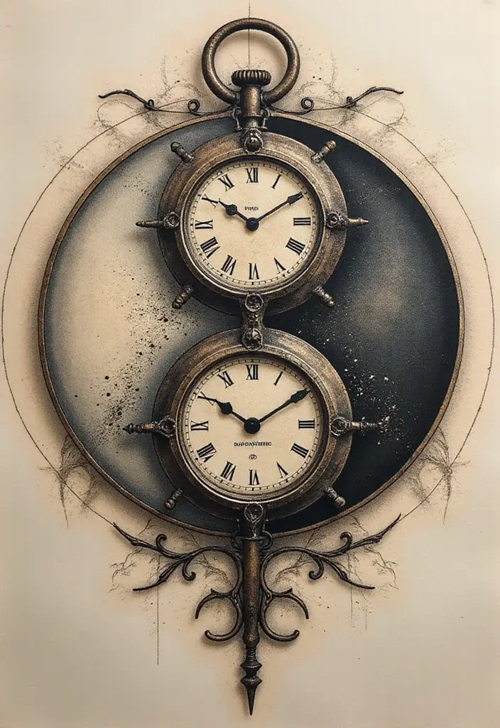 50 Yin Yang Tattoo Ideas with Balance and Harmony Symbolism - 16. Yin Yang with Clock Elements