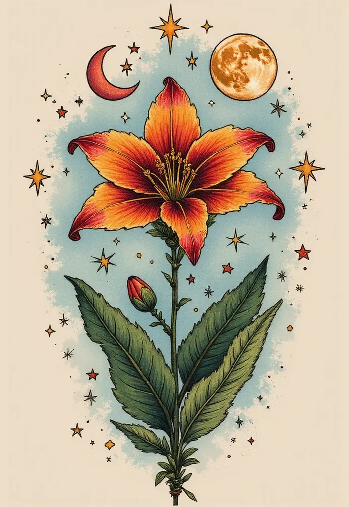 50 Stargazer Lily Tattoos with Elegant and Symbolic Designs 17 50 Stargazer Lily Tattoos with Elegant and Symbolic Designs - 17. Celestial Theme
