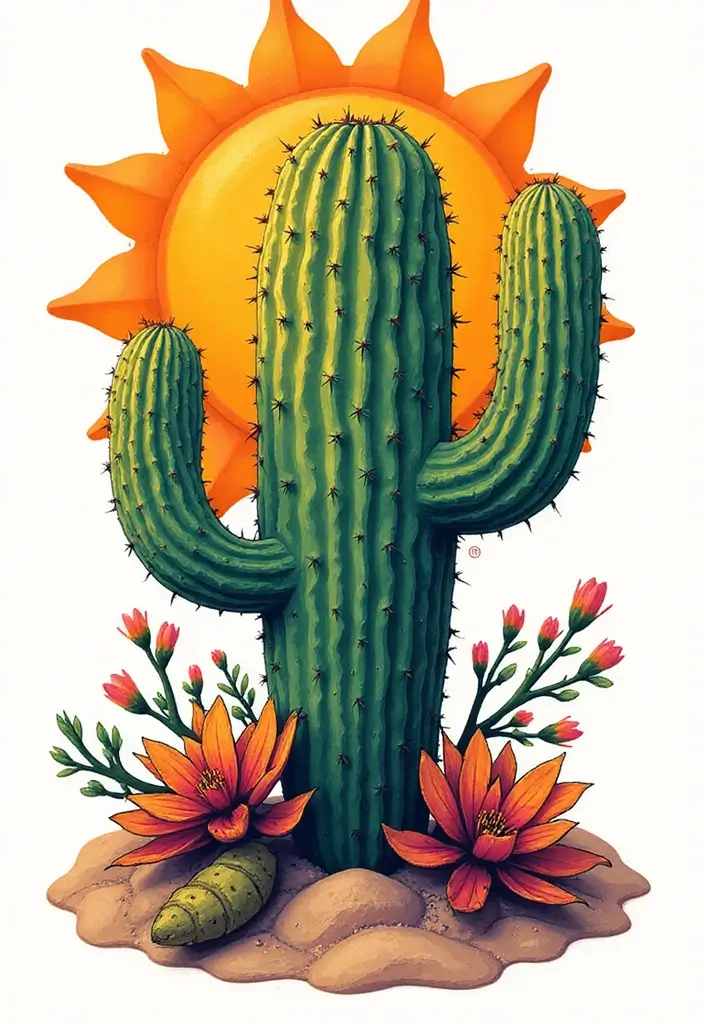 50 Cactus Tattoo Ideas with Minimalist and Symbolic Styles 17 50 Cactus Tattoo Ideas with Minimalist and Symbolic Styles - 17. Cactus and Sun