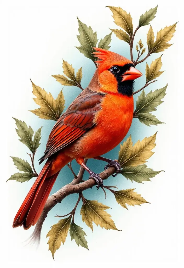 50 Cardinal Tattoo Ideas with Symbolism and Beautiful Designs - 17. Cardinal with Leaves