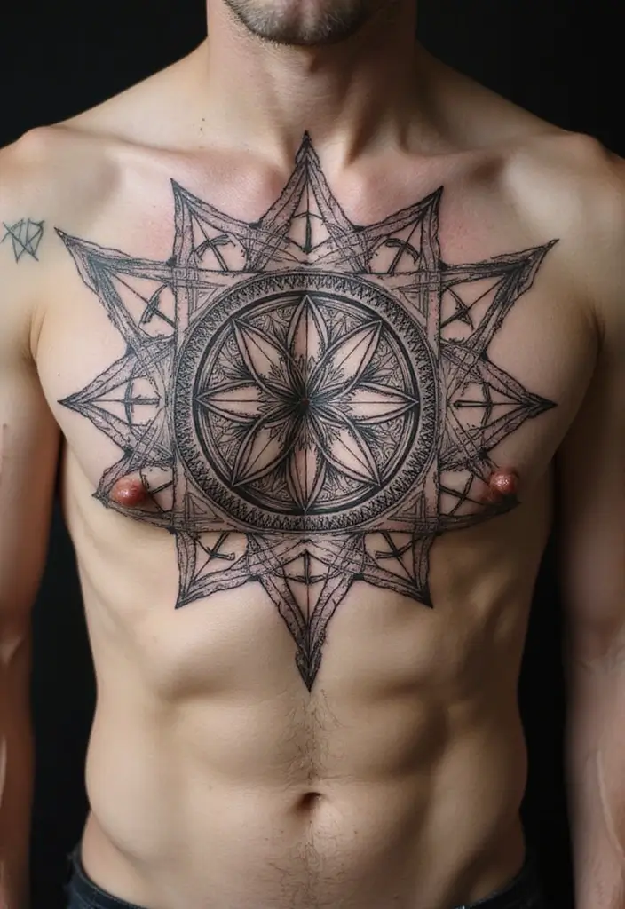 50 Best Chest Tattoo Ideas for Men and Women in 2025 17 50 Best Chest Tattoo Ideas for Men and Women in 2025 - 17. Sacred Geometry