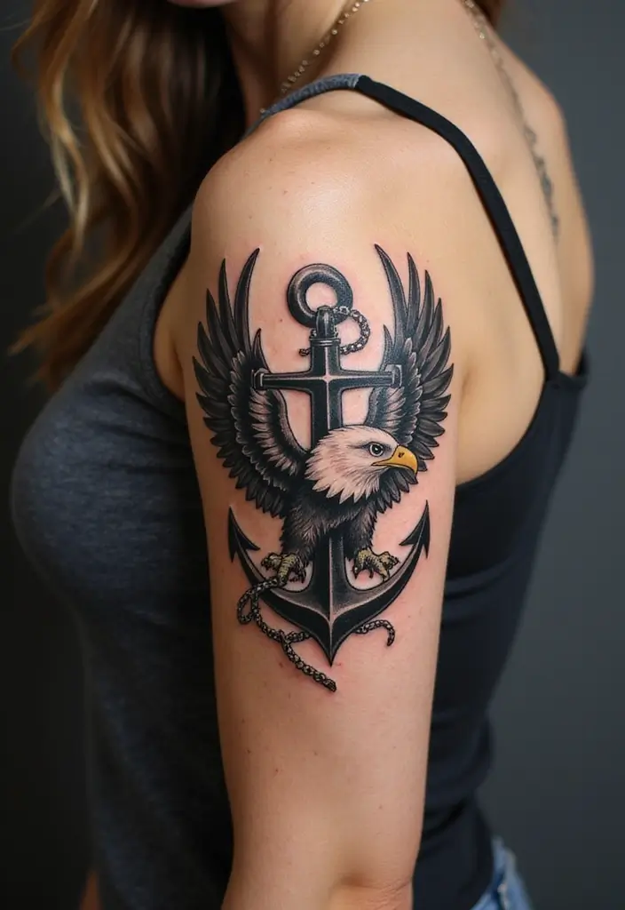 30 Eagle Tattoo Designs That Represent Strength and Freedom 17 30 Eagle Tattoo Designs That Represent Strength and Freedom - 17. Eagle and Anchor