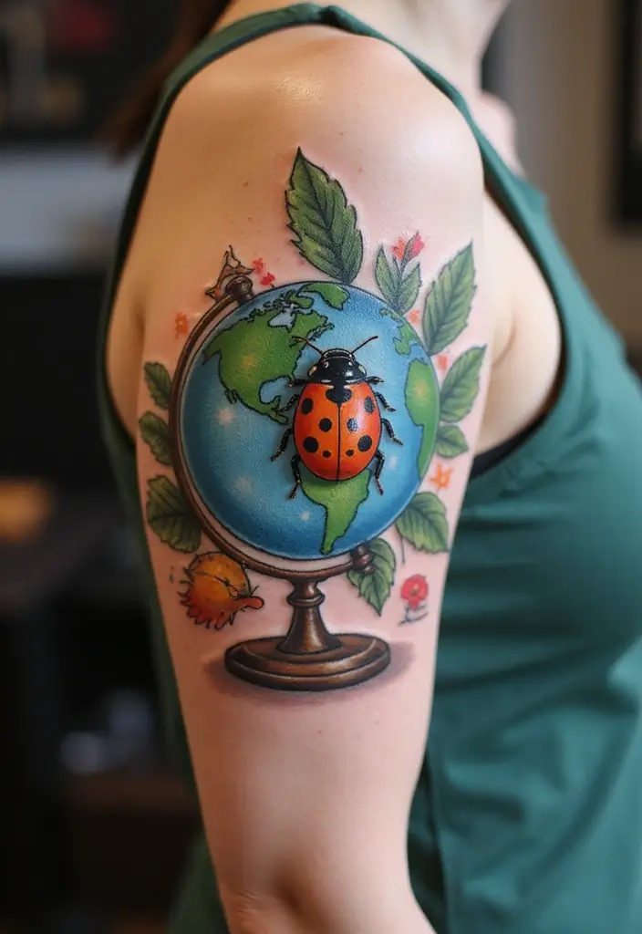 30 Ladybug Tattoo Ideas with Cute and Symbolic Designs 17 30 Ladybug Tattoo Ideas with Cute and Symbolic Designs - 17. Ladybug with a Globe