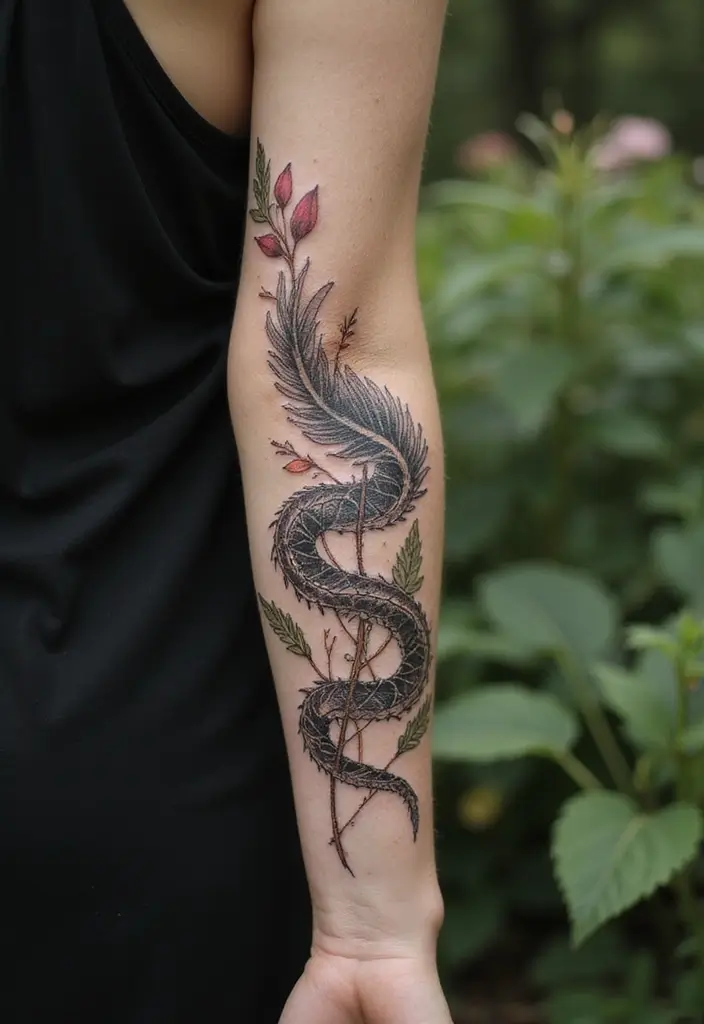 30 Native American Arm Tattoos with Deep Cultural Meaning 17 30 Native American Arm Tattoos with Deep Cultural Meaning - 17. The Feathered Serpent: Duality and Balance