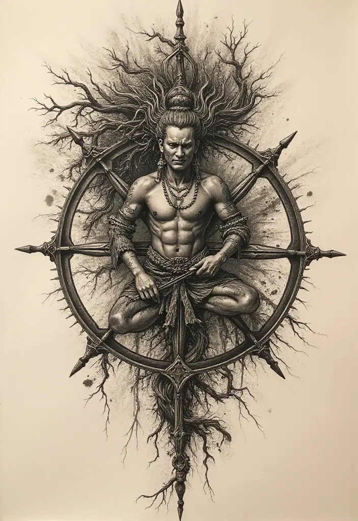 50 Oni Tattoo Designs with Powerful Japanese Symbolism 17 50 Oni Tattoo Designs with Powerful Japanese Symbolism - 17. Oni with a Wheel of Dharma