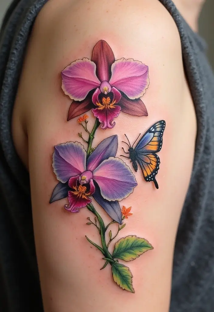 30 Orchid Tattoos That Represent Elegance and Beauty - 17. Orchid and Butterfly Tattoo