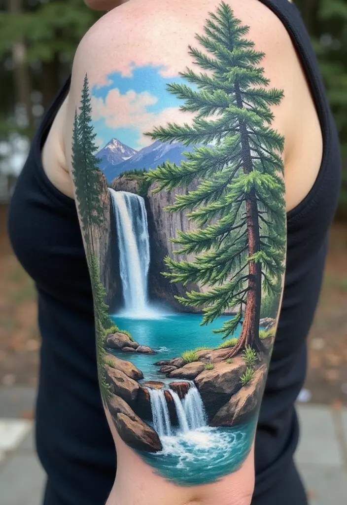 30 Pine Tree Tattoo Ideas with Nature-Inspired Symbolism - 17. Pine Tree and Waterfall