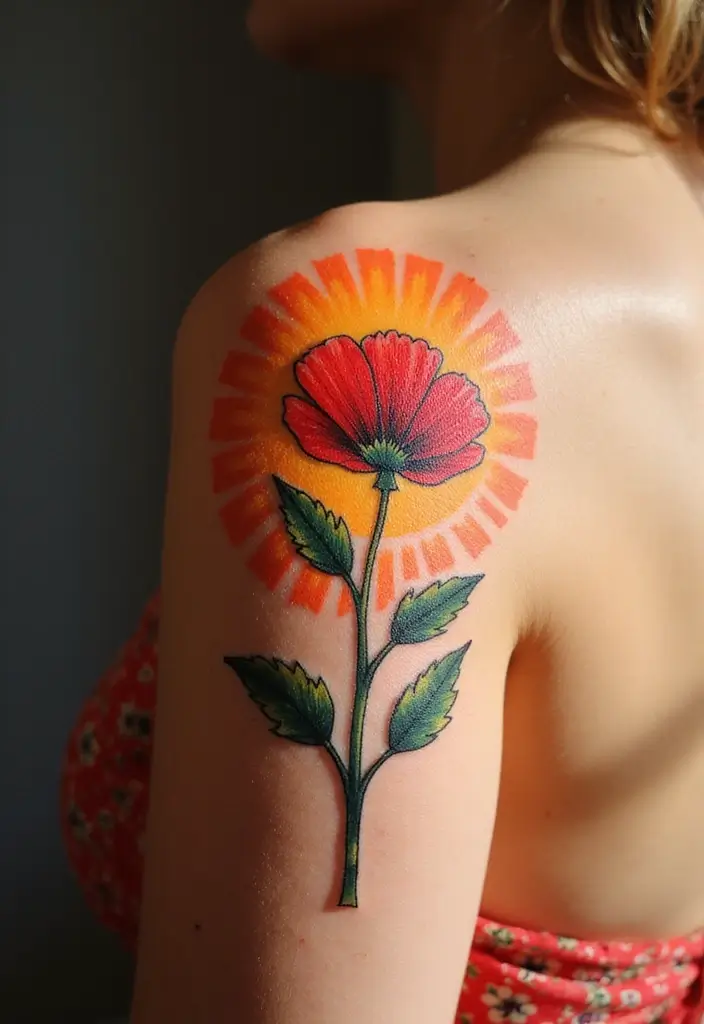 30 Poppy Tattoo Ideas with Symbolic Meanings 17 30 Poppy Tattoo Ideas with Symbolic Meanings - 17. Poppy with Sunrays