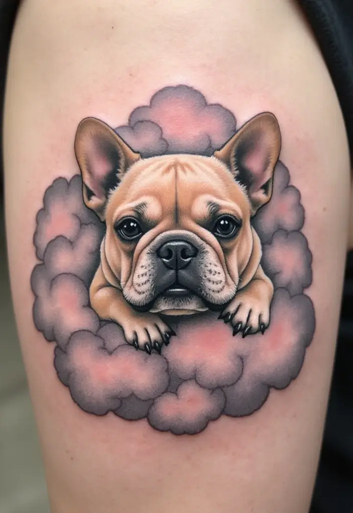 30 Realistic English and French Bulldog Tattoos You’ll Love - 17. Dreamy Bulldog in Clouds