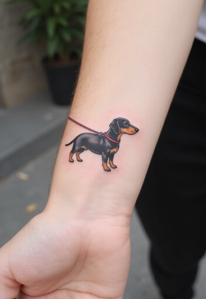 50 Small Wiener Dog Tattoos with Cute and Minimalist Designs - 17. Minimalist Leash and Dog