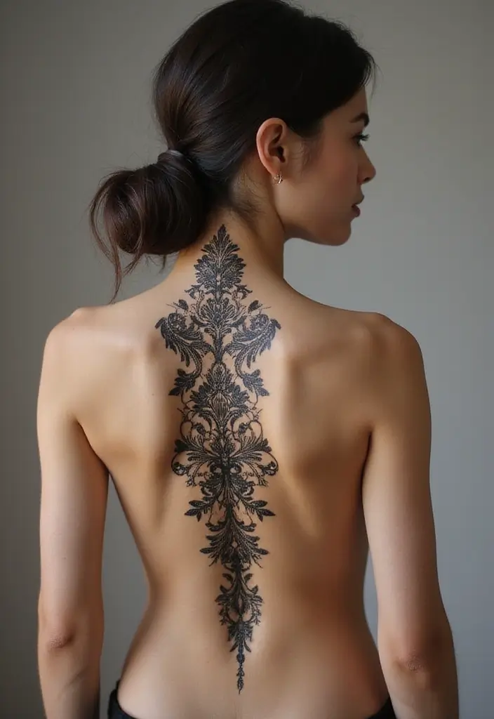 99 Stunning Spine Tattoos for Women to Inspire Your Next Ink - 17. Intricate Lace