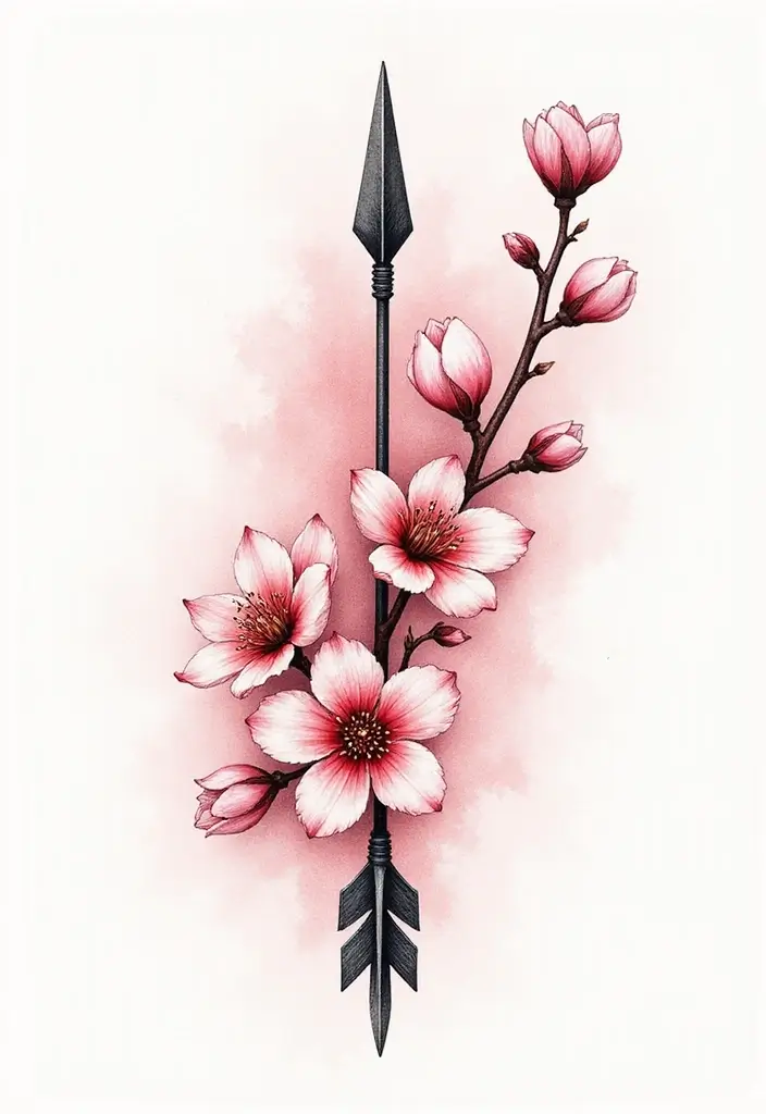 30 Symbolism of Arrow Tattoo Ideas You Should Know 17 30 Symbolism of Arrow Tattoo Ideas You Should Know - 17. Arrow and Cherry Blossoms