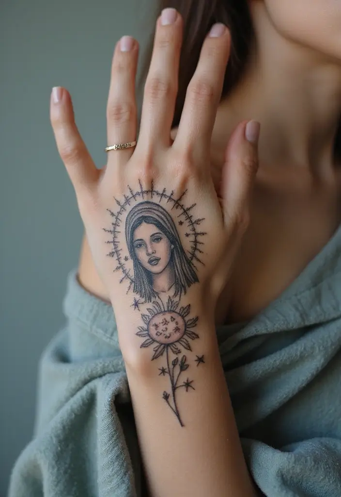 50 Virgin Mary Hand Tattoos with Spiritual and Artistic Designs - 17. Virgin Mary with Moon and Stars