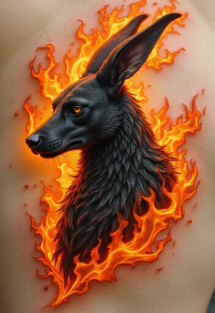 30 Anubis Tattoo Designs with Ancient Egyptian Symbolism 18 30 Anubis Tattoo Designs with Ancient Egyptian Symbolism - 18. Anubis with Flames