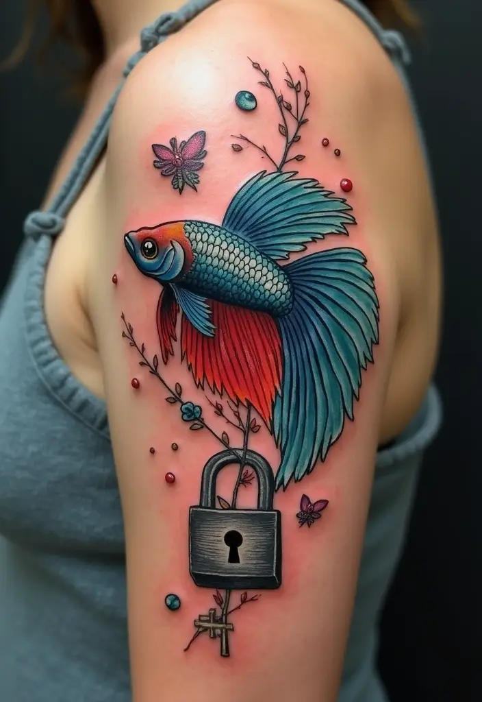 50 Betta Fish Tattoo Ideas with Unique and Colorful Designs 18 50 Betta Fish Tattoo Ideas with Unique and Colorful Designs - 18. Betta Fish with Lock and Key