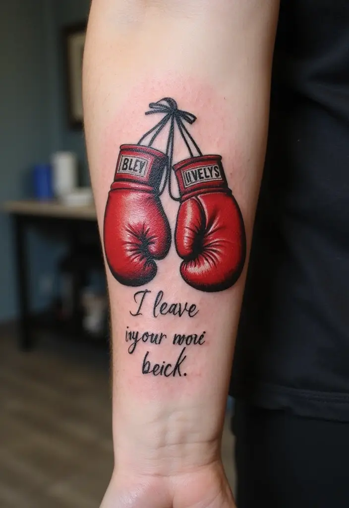 50 Boxing Gloves Tattoo Designs That Embody Strength and Courage! 18 50 Boxing Gloves Tattoo Designs That Embody Strength and Courage! - 18. Iconic Phrases with Boxing Gloves