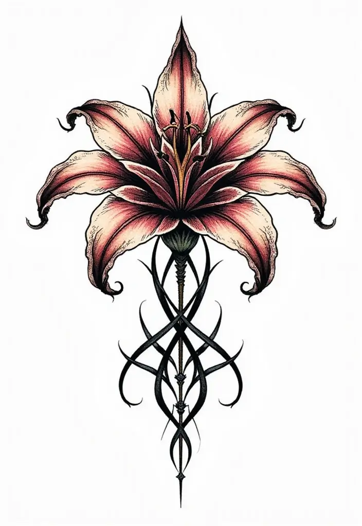 50 Stargazer Lily Tattoos with Elegant and Symbolic Designs 18 50 Stargazer Lily Tattoos with Elegant and Symbolic Designs - 18. Tribal Influence