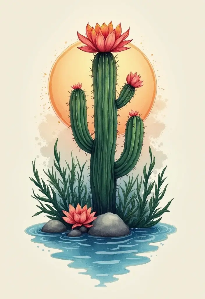 50 Cactus Tattoo Ideas with Minimalist and Symbolic Styles 18 50 Cactus Tattoo Ideas with Minimalist and Symbolic Styles - 18. Cactus and Water