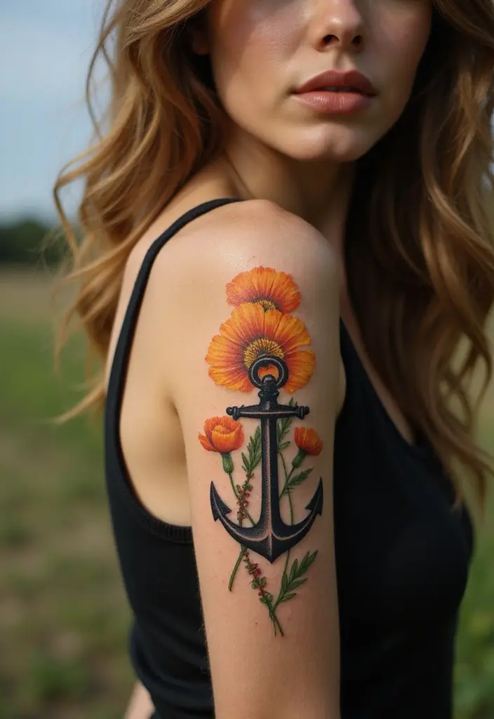 50 California Poppy Tattoo Ideas with Symbolism and Beauty - 18. California Poppy and Anchor