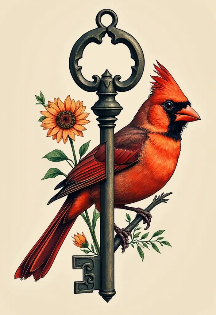 50 Cardinal Tattoo Ideas with Symbolism and Beautiful Designs - 18. Cardinal with a Key