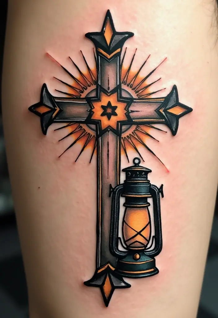 50 Cross Tattoo Meaning Inspirations and Symbolism Explained - 18. The Cross with a Lantern: Guidance in Darkness
