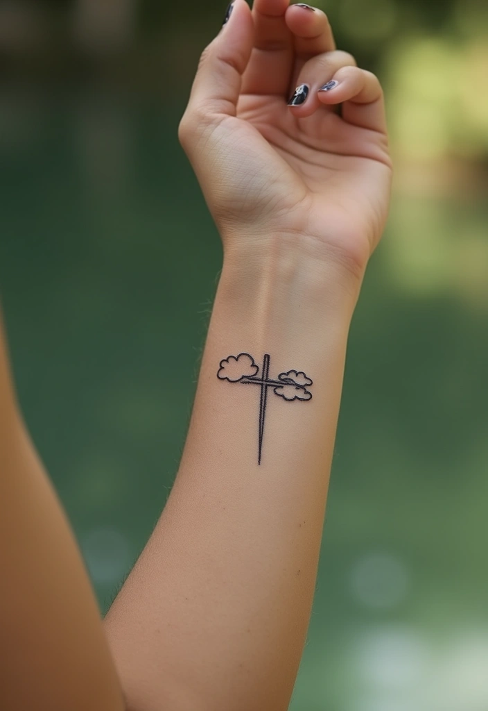 30 Cross Tattoos on Wrist with Meaningful and Elegant Designs 18 30 Cross Tattoos on Wrist with Meaningful and Elegant Designs - 18. Cross with Clouds Tattoo