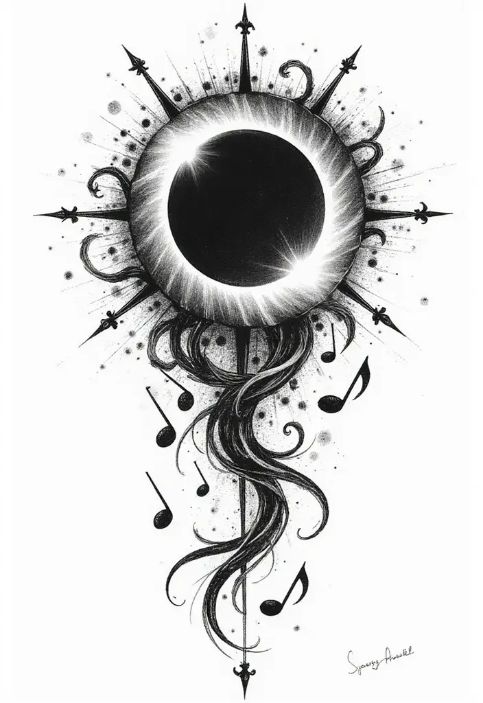 50 Eclipse Tattoo Designs with Powerful Meaning and Symbolism - 18. Eclipse and Music Notes