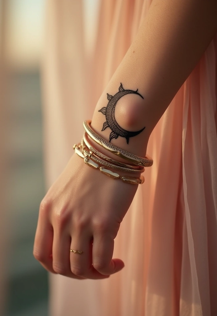 30 Elegant Hand Tattoos for a Chic and Bold Look 18 30 Elegant Hand Tattoos for a Chic and Bold Look - 18. Elegant Sun and Moon Tattoos