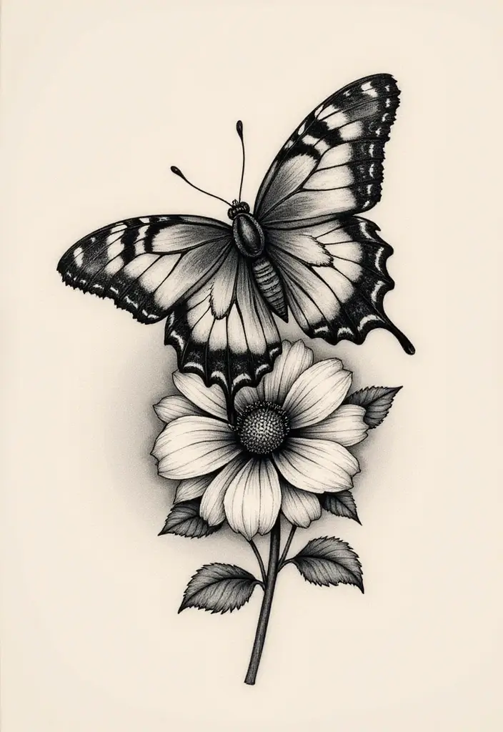 50 Half Butterfly Half Flower Tattoo Designs and Inspirations - 18. Textured Designs