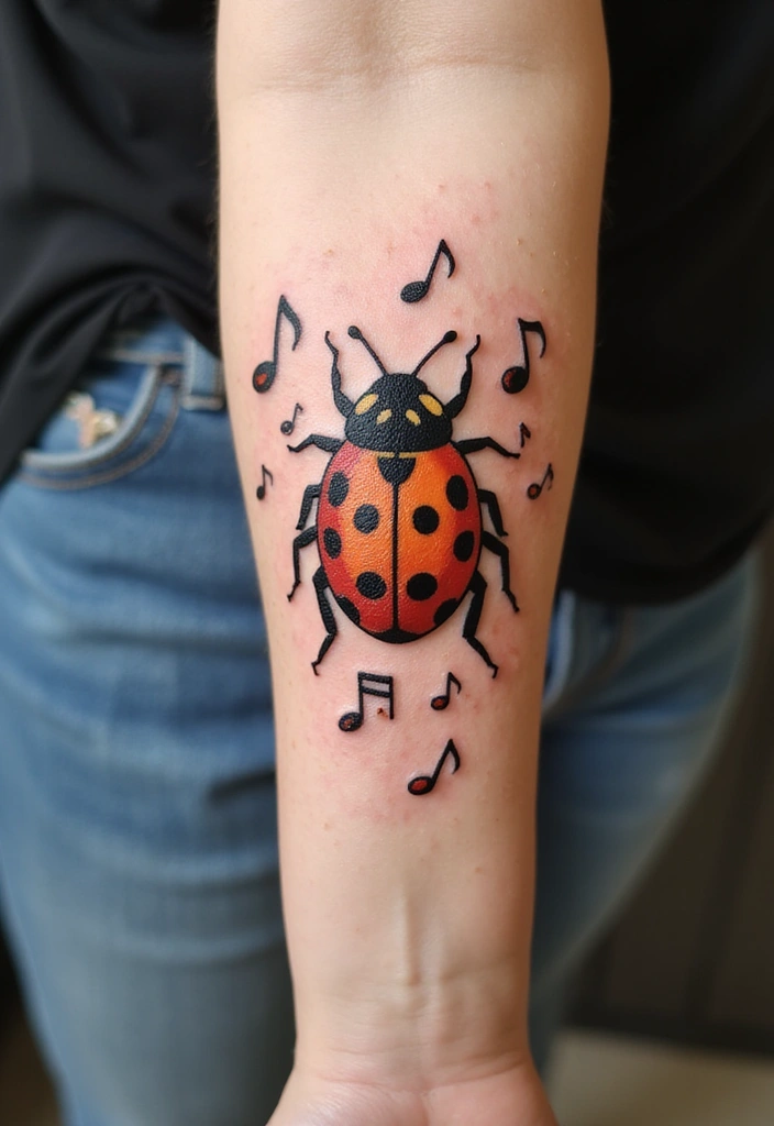 30 Ladybug Tattoo Ideas with Cute and Symbolic Designs 18 30 Ladybug Tattoo Ideas with Cute and Symbolic Designs - 18. Ladybug and Music Notes