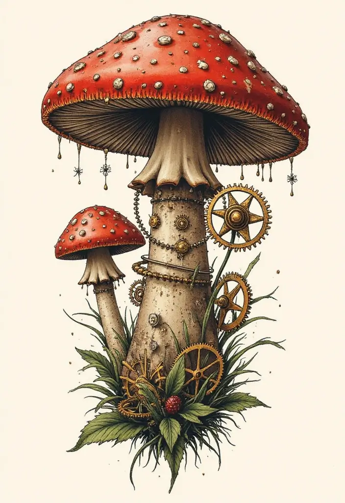 50 Unique Mushroom Tattoo Ideas That'll Leave You Inspired and Curious About Their Symbolism! 18 50 Unique Mushroom Tattoo Ideas That'll Leave You Inspired and Curious About Their Symbolism! - 18. Steampunk Mushroom Tattoos