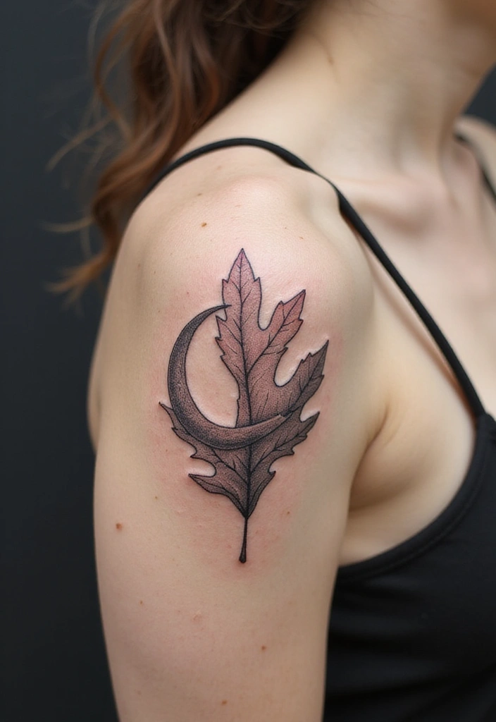 30 Oak Leaf Tattoo Designs with Nature-Inspired Symbolism - 18. Oak Leaf and Moon Tattoo