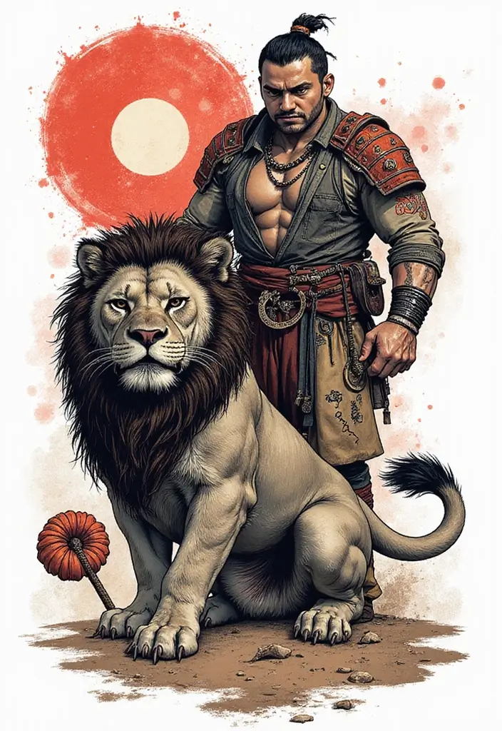 50 Oni Tattoo Designs with Powerful Japanese Symbolism 18 50 Oni Tattoo Designs with Powerful Japanese Symbolism - 18. Oni with a Guardian Lion