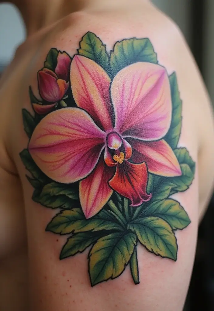 30 Orchid Tattoos That Represent Elegance and Beauty - 18. Orchid with Leaves Tattoo