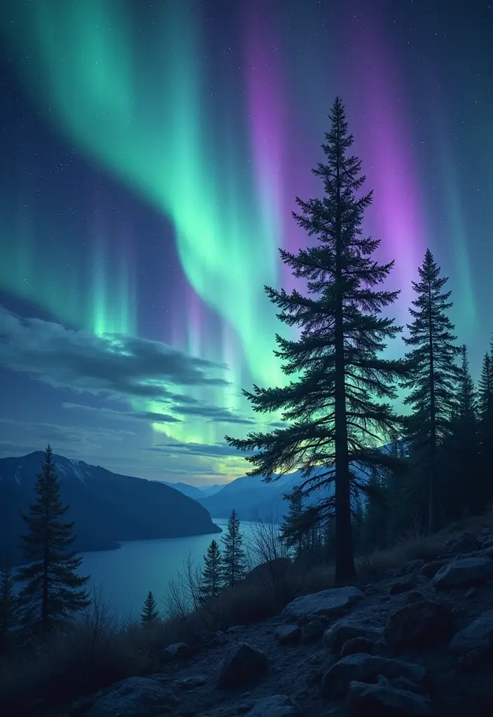30 Pine Tree Tattoo Ideas with Nature-Inspired Symbolism - 18. Pine Tree and Aurora