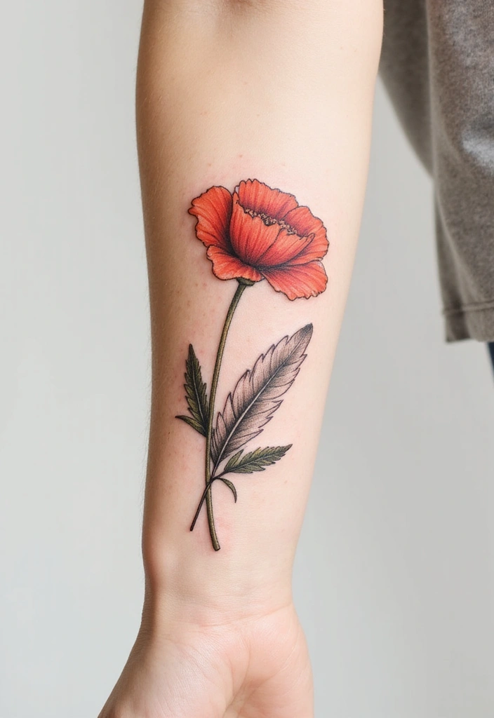 30 Poppy Tattoo Ideas with Symbolic Meanings 18 30 Poppy Tattoo Ideas with Symbolic Meanings - 18. Poppy and Feather