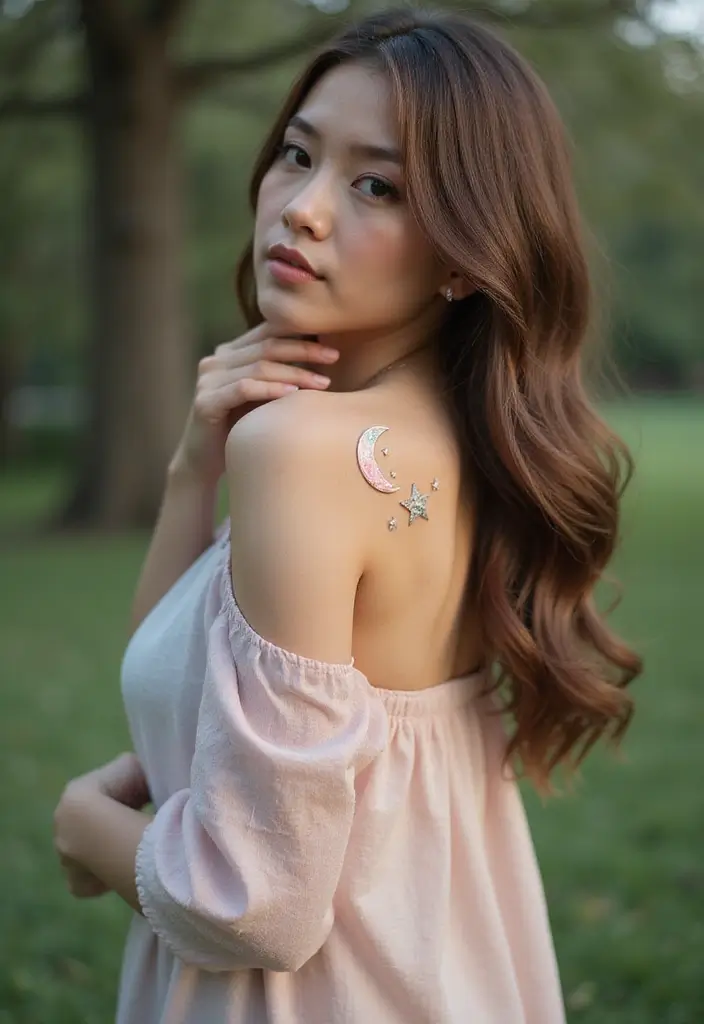 30 Shoulder Star Tattoos with Creative and Stylish Designs 18 30 Shoulder Star Tattoos with Creative and Stylish Designs - 18. Star and Moon Combination